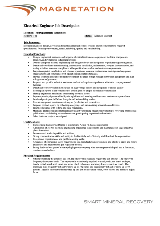 Electrical Engineer Job Description Printable pdf