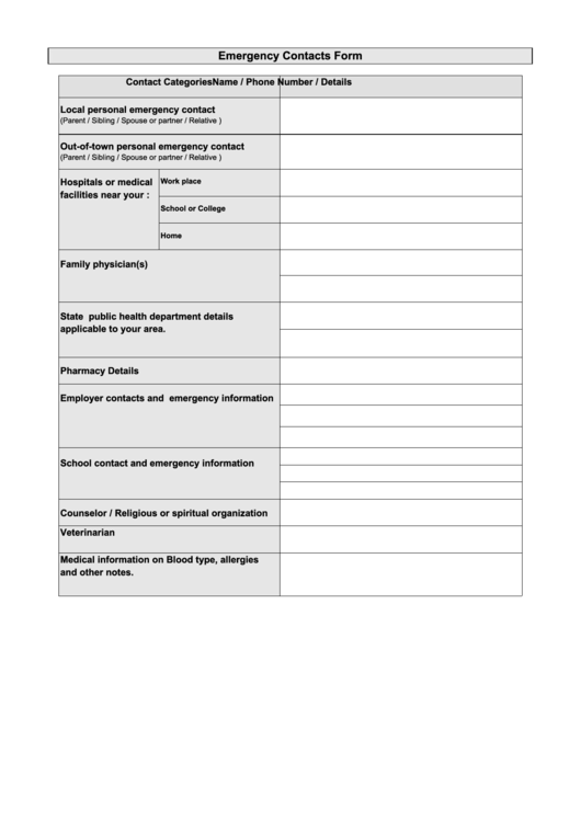 Emergency Contact Form Printable pdf