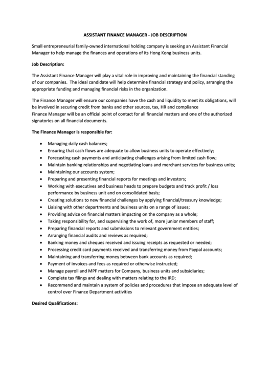 Assistant Finance Manager Job Description Printable pdf