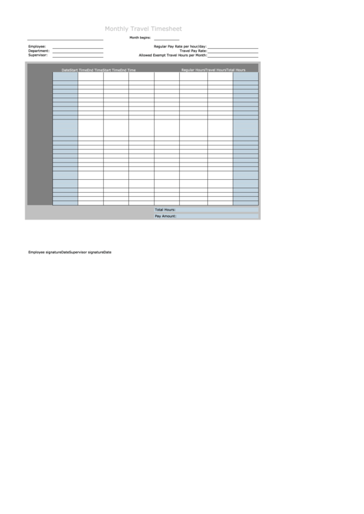 Monthly Travel Timesheet Template Printable pdf