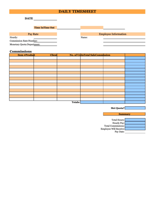 Daily Time Sheet Template - Orang/blue Printable pdf