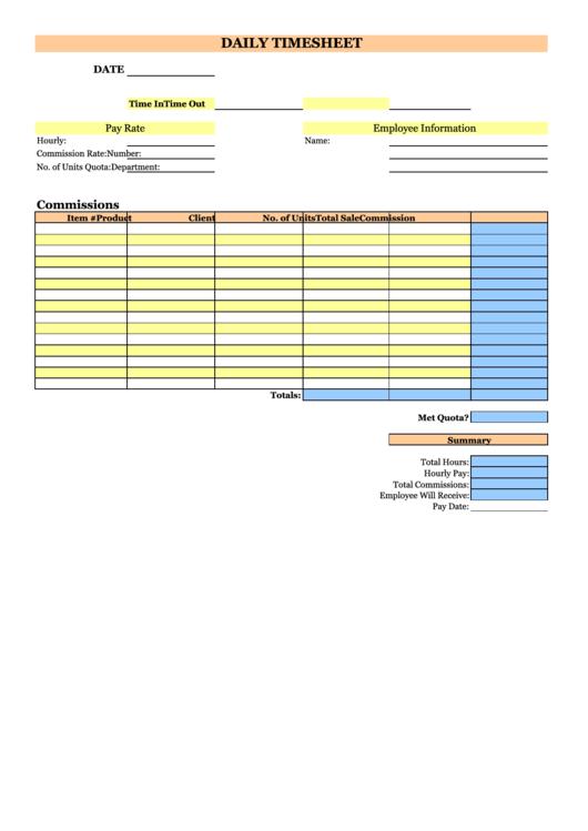 Daily Time Sheet Template - Orange/blue/yellow Printable pdf