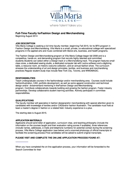 Full Time Faculty For Fashion Design And Merchandising Printable pdf
