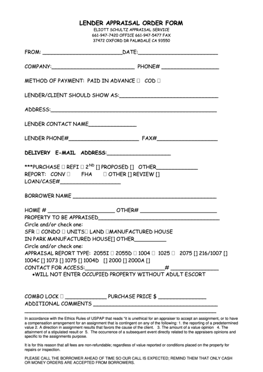 Lender Appraisal Order Form Printable pdf