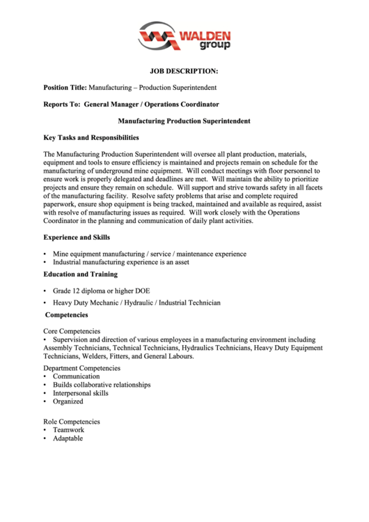 Job Description: Manufacturing - Production Superintendent Printable pdf