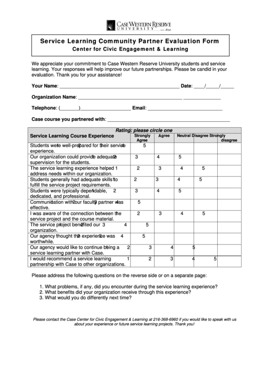 Service Learning Community Partner Evaluation Form Printable pdf