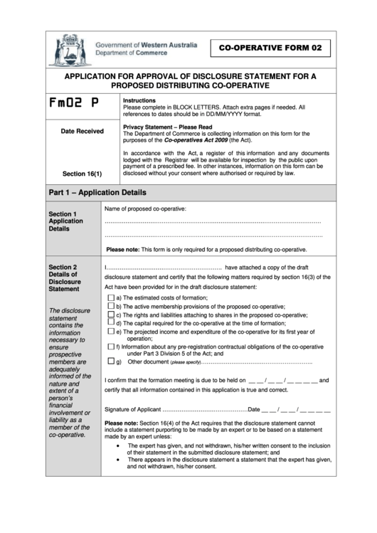 Application For Approval Of Disclosure Statement For A Proposed Distributing Co-Operative Printable pdf
