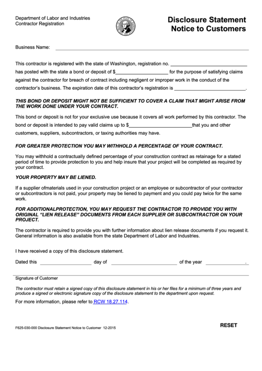 Fillable Disclosure Statement Notice To Customers Printable pdf
