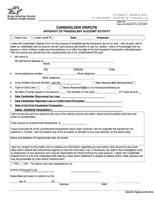 Fillable Cardholder Dispute Form - Affidavit Of Fraudulent Account Activity Printable pdf