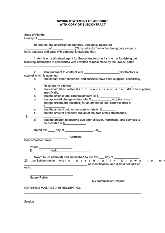 Sworn Statement Of Account With Copy Of Subcontract Printable pdf