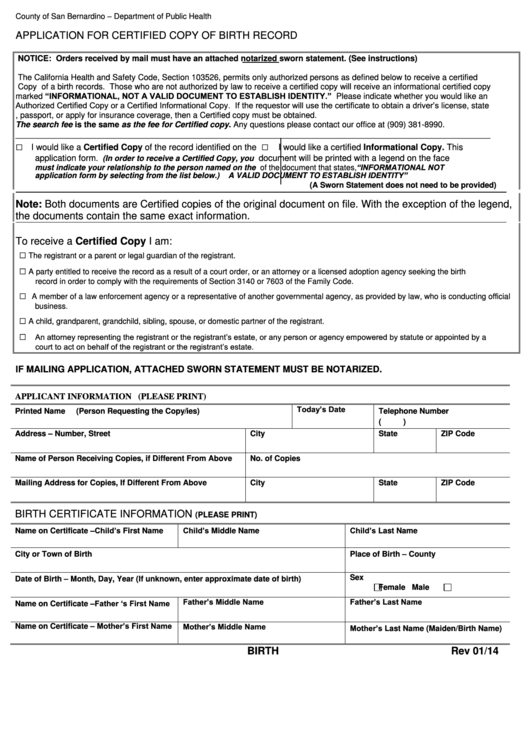 Application For Certified Copy Of Birth Record - County Of San Bernardino Printable pdf