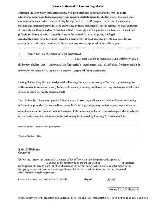 Sworn Statement Of Commuting Status Printable pdf