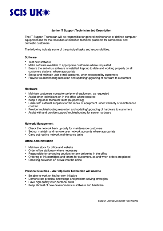 Junior It Support Technician Job Description Printable pdf