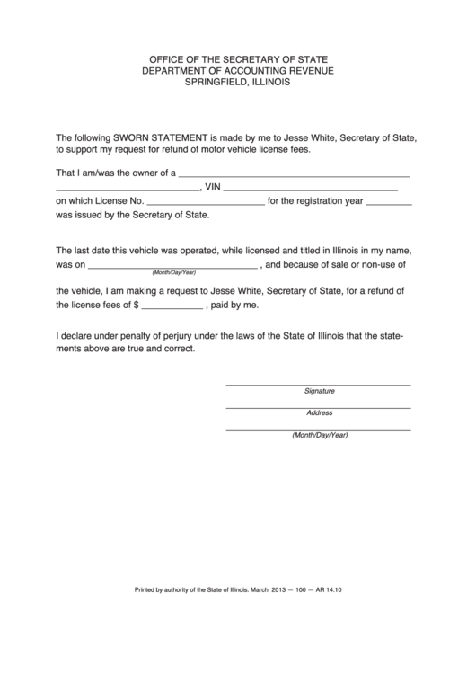 Fillable Sworn Statement - Springfield, Illinois Printable pdf
