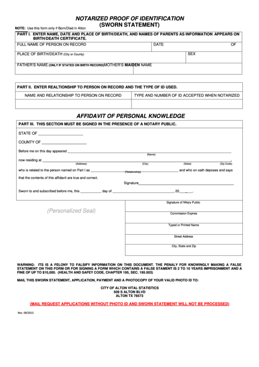 Notarized Proof Of Identification (Sworn Statement) Printable pdf