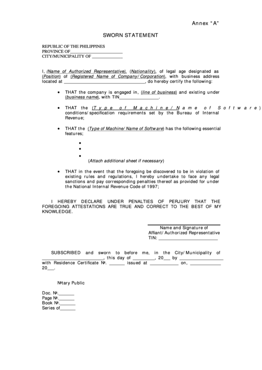 Republic Of The Philippines - Sworn Statement Printable pdf