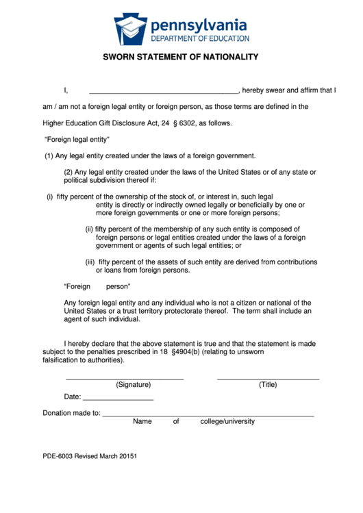 Fillable Sworn Statement Of Nationality Printable pdf