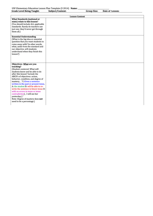 Usf Elementary Education Lesson Plan Template Printable pdf