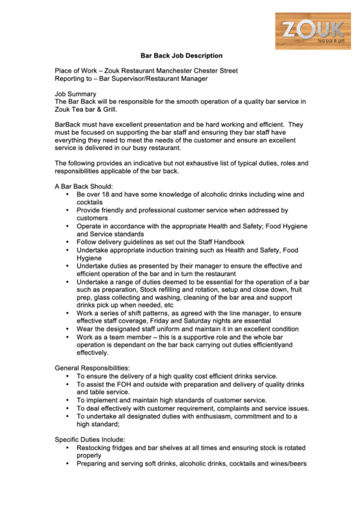 Bar Back Job Description Printable pdf