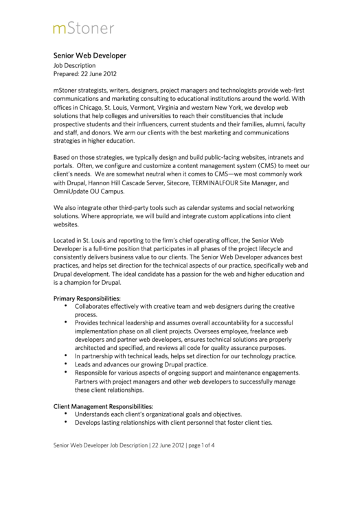 Senior Web Developer Job Description Template Printable pdf