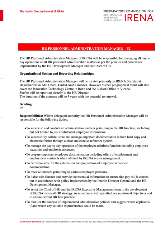 Hr Personnel Administration Manager Printable pdf