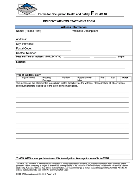Fillable Incident Witness Statement Form Printable pdf