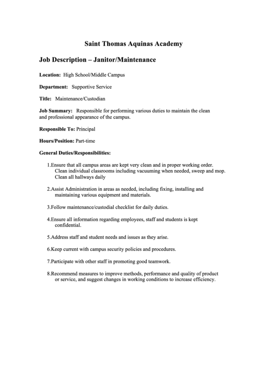 Janitor Maintenance Printable pdf