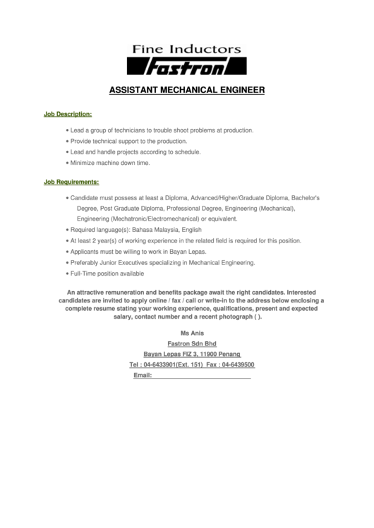 Assistant Mechanical Engineer Printable pdf