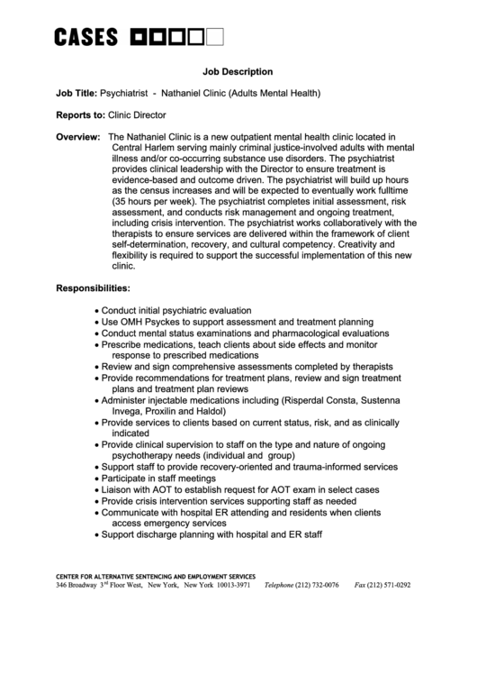Psychiatrist Job Description Printable pdf