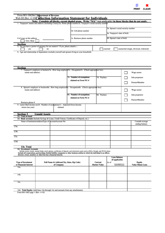 Fillable Form Ro-1062 - Collection Information Statement For Individuals Printable pdf