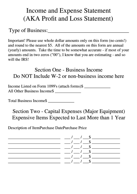 Income And Expense Statement (Aka Profit And Loss Statement) Printable pdf