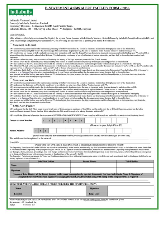 E-Statement Sms Alert Facility Form - Cdsl Printable pdf