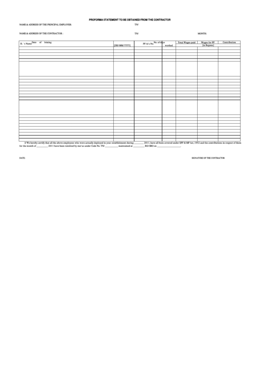 Proforma Statement To Be Obtained From The Contractor Printable pdf