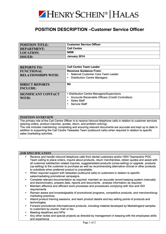 Customer Service Officer Printable pdf