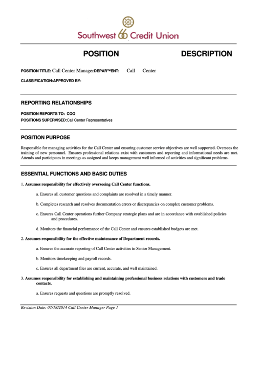 Position Description Template - Call Center Manager Printable pdf
