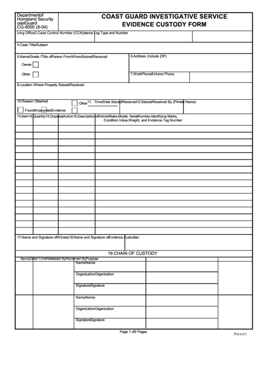 Fillable Coast Guard Investigative Service Evidence Custody Form Printable pdf
