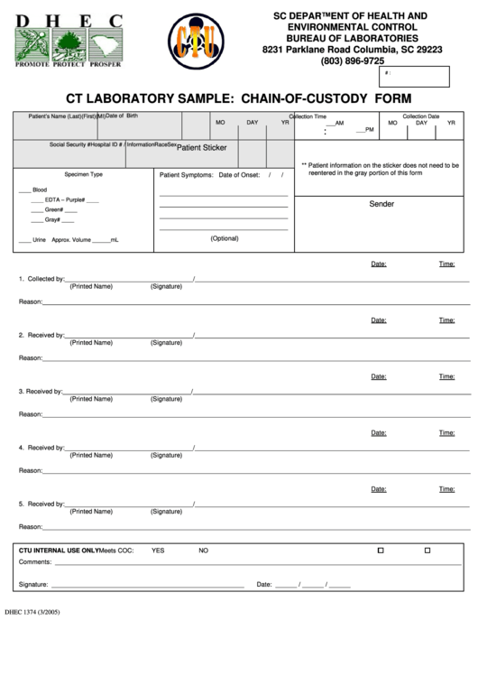 Ct Laboratory Sample: Chain-Of-Custody Form Printable pdf
