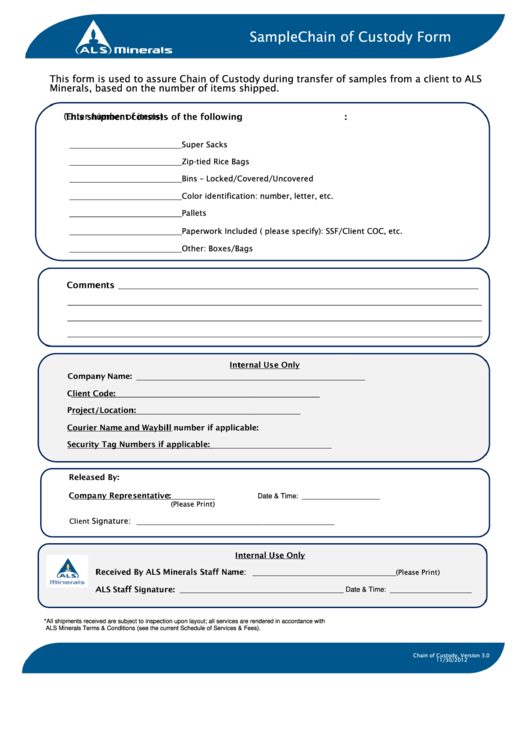 Fillable Sample Chain Of Custody Form printable pdf download