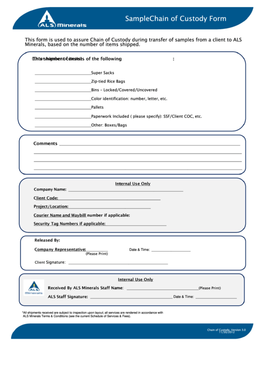 Fillable Sample Chain Of Custody Form Printable Pdf Download