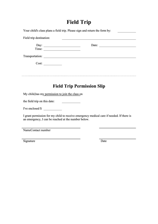 Field Trip Permission Form Printable pdf