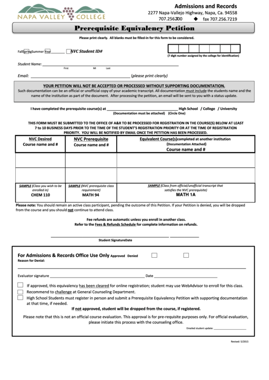 Prerequisite Equivalency Petition Printable pdf