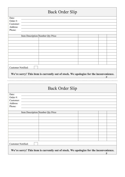 Back Order Slip Template Printable pdf