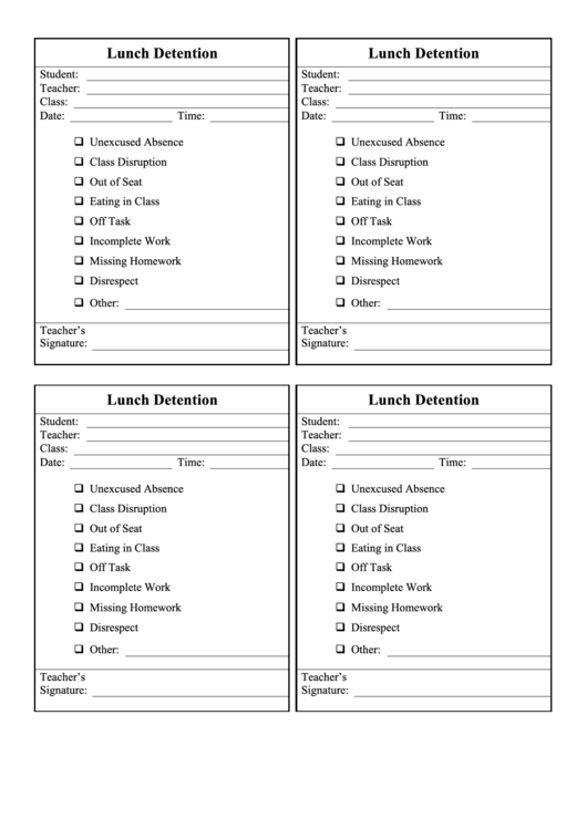 Lunch Detention Slip Template Printable Pdf Download