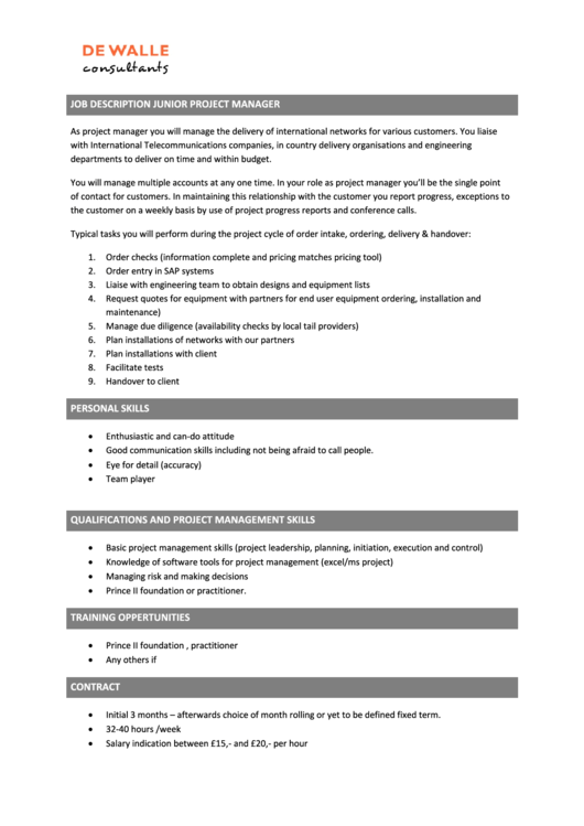 Junior Project Manager Printable pdf