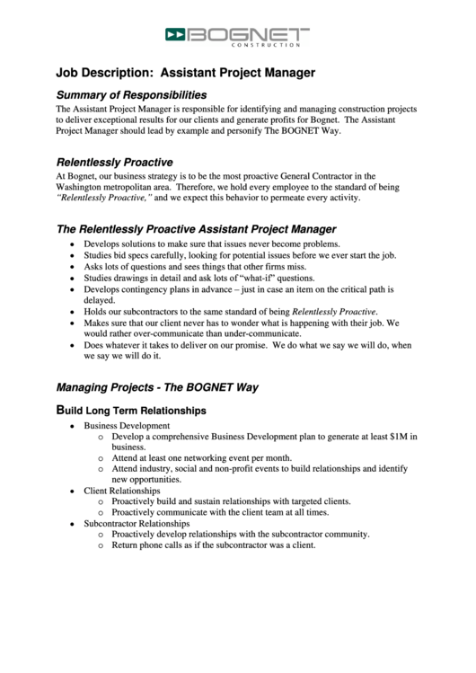 Assistant Project Manager Printable pdf