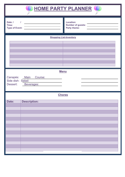 Home Party Planner Template Printable pdf