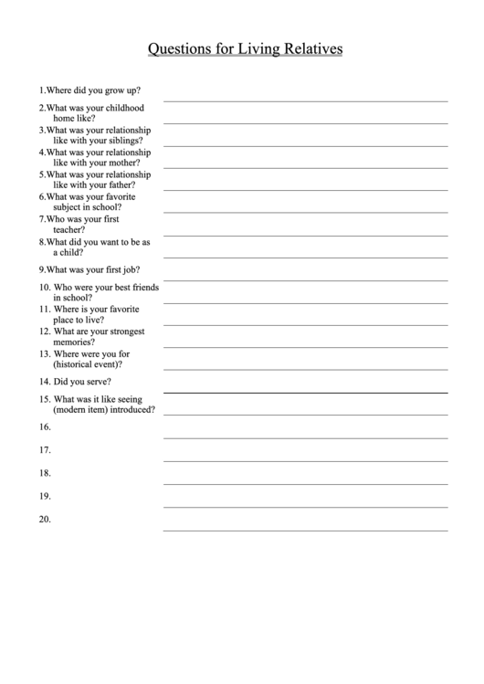 Living Relatives Survey Questionnaire Template Printable pdf