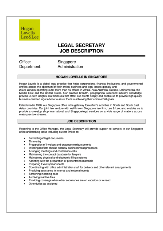 Legal Secretary Job Description Template Printable pdf