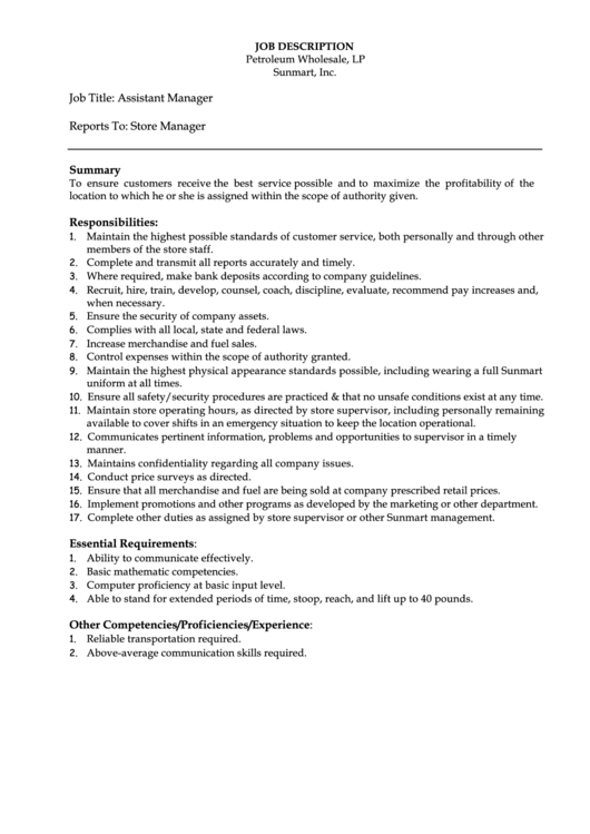 Assistant Manager Printable pdf