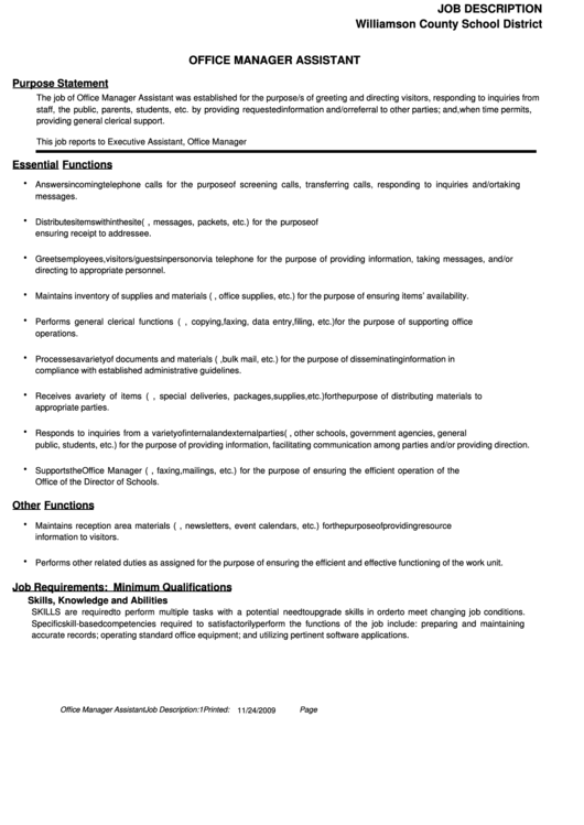 Office Manager Assistant Printable pdf